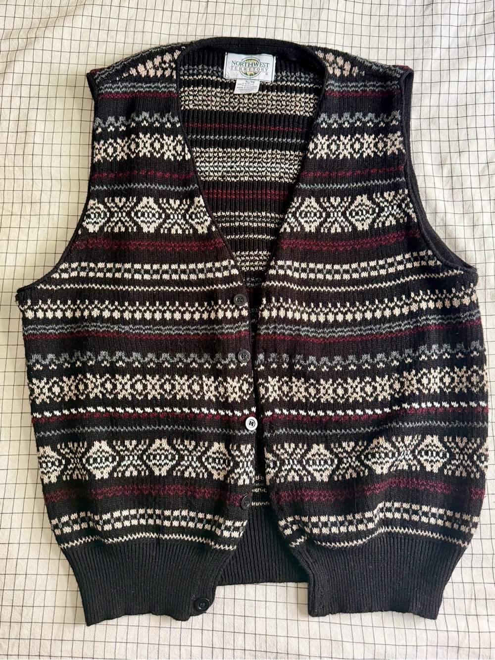 Northwest Traders Fair Isle Knit Button Vest - Cottage Core Staple, Size L-XL